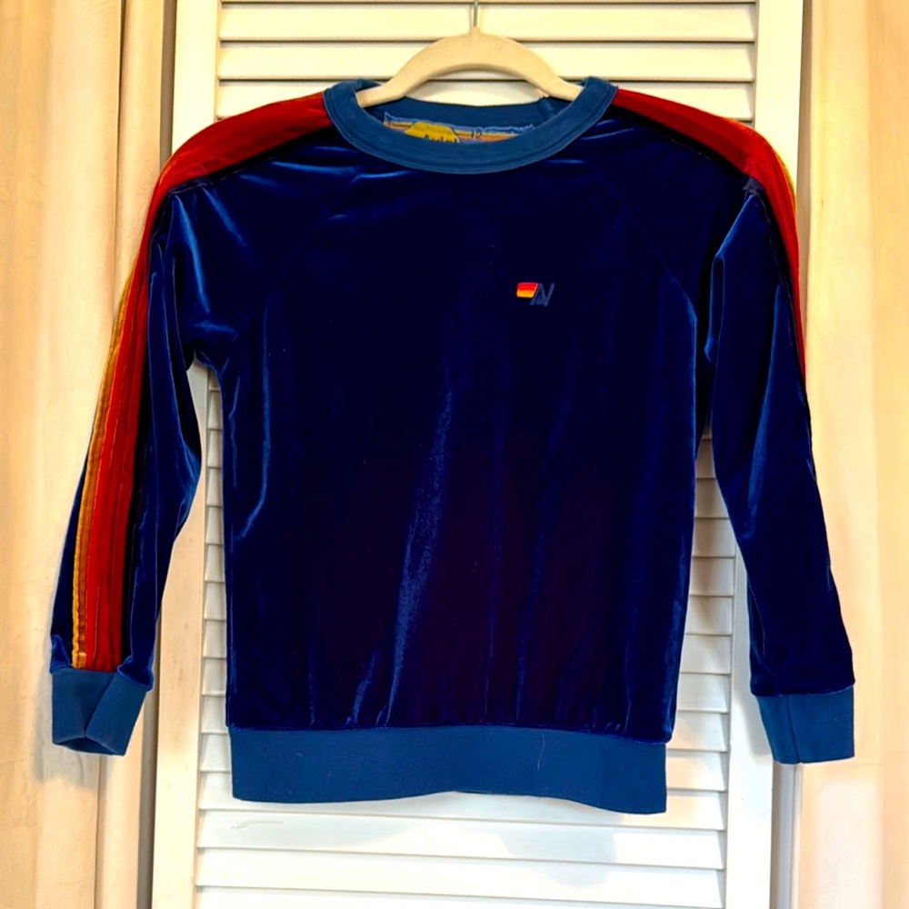 Aviator nation sapphire blue velour rainbow sweatshirt size youth 12 womens 0